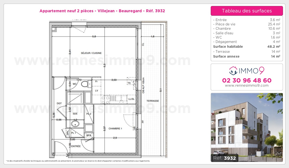 Plan et surfaces, Programme neuf Rennes : Villejean - Beauregard Référence n° 3932