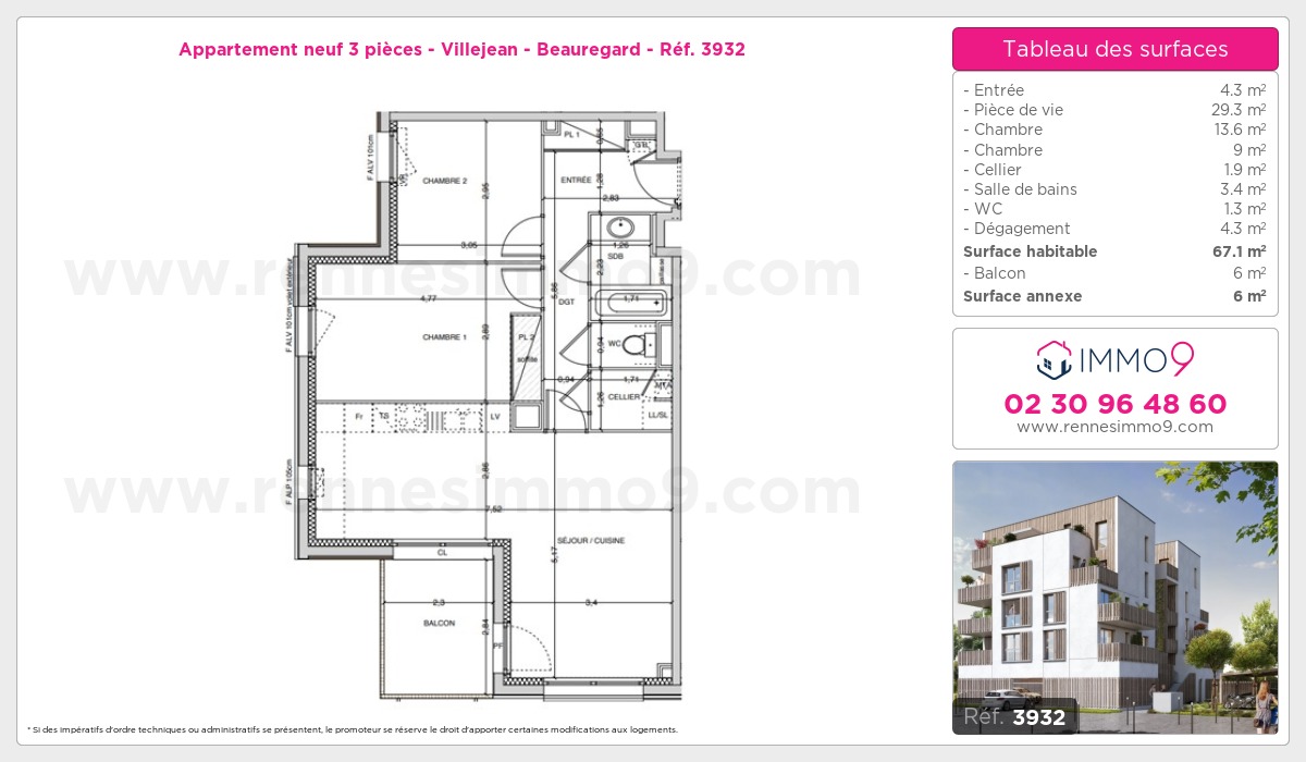 Plan et surfaces, Programme neuf Rennes : Villejean - Beauregard Référence n° 3932