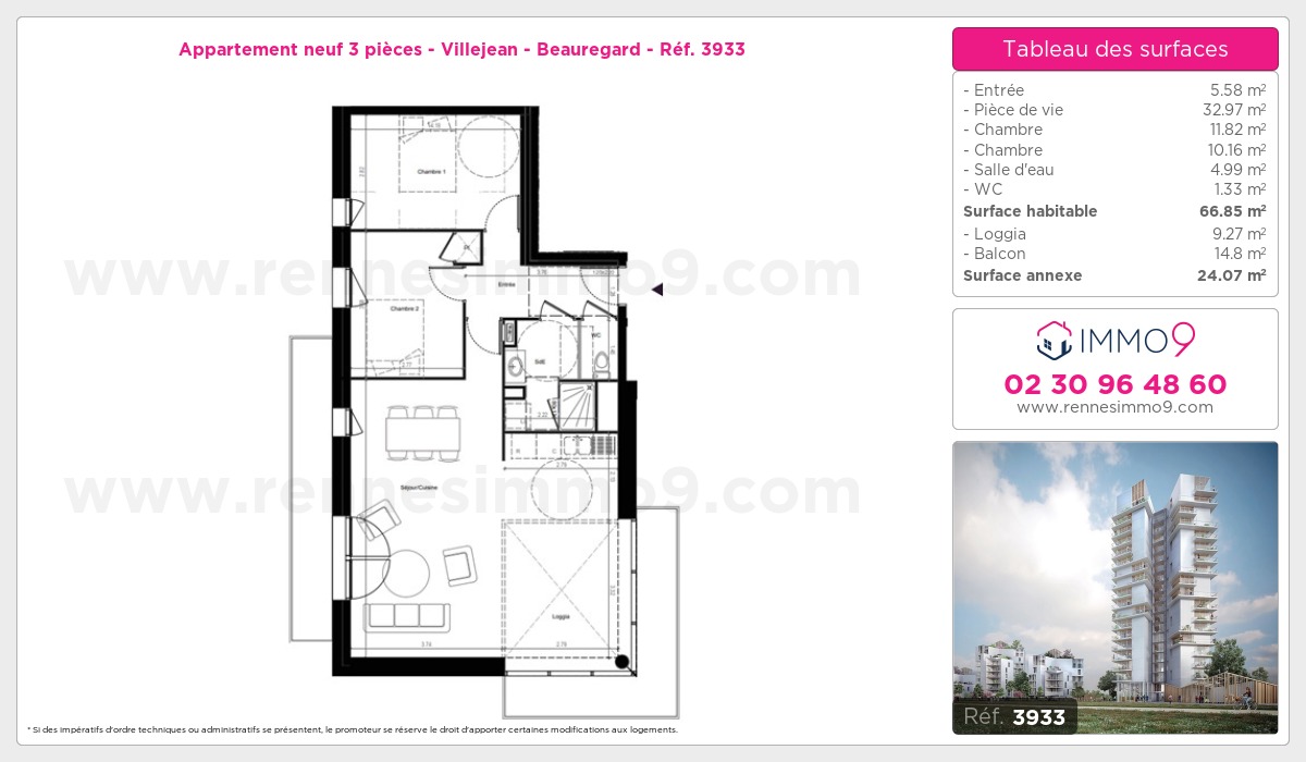 Plan et surfaces, Programme neuf Rennes : Villejean - Beauregard Référence n° 3933