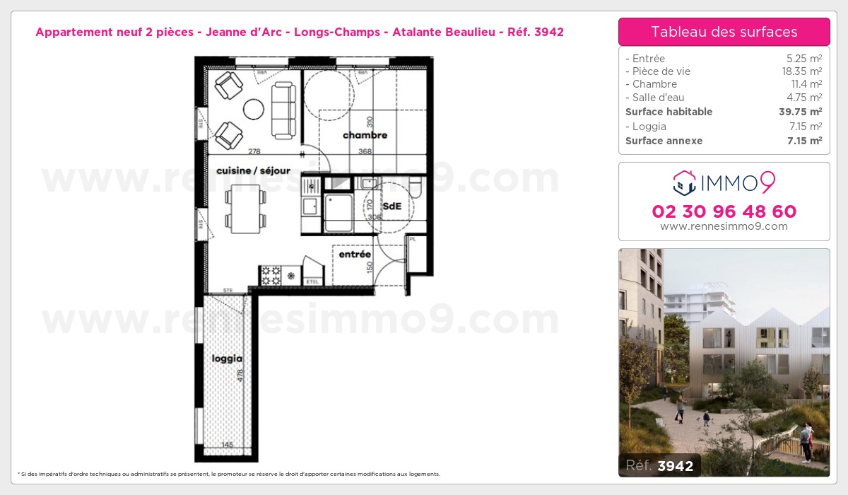 Plan et surfaces, Programme neuf Rennes : Jeanne d'Arc - Longs-Champs - Atalante Beaulieu Référence n° 3942