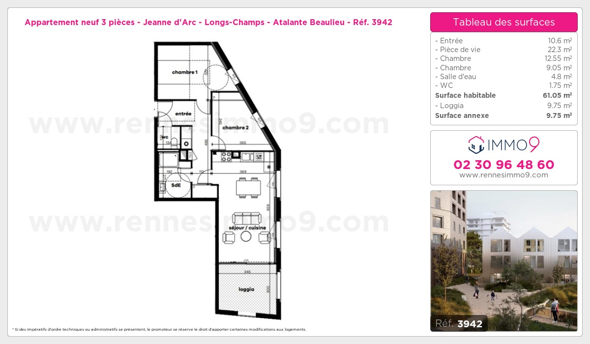Plan et surfaces, Programme neuf Rennes : Jeanne d'Arc - Longs-Champs - Atalante Beaulieu Référence n° 3942