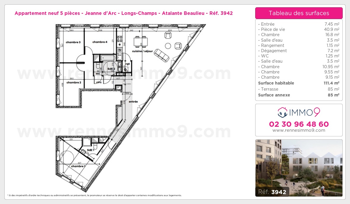 Plan et surfaces, Programme neuf Rennes : Jeanne d'Arc - Longs-Champs - Atalante Beaulieu Référence n° 3942