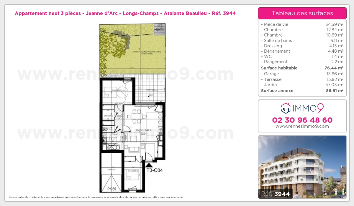 Plan et surfaces, Programme neuf Rennes : Jeanne d'Arc - Longs-Champs - Atalante Beaulieu Référence n° 3944