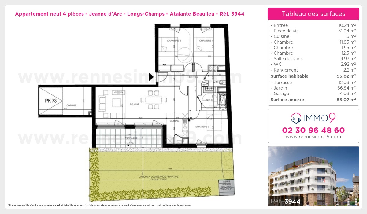 Plan et surfaces, Programme neuf Rennes : Jeanne d'Arc - Longs-Champs - Atalante Beaulieu Référence n° 3944