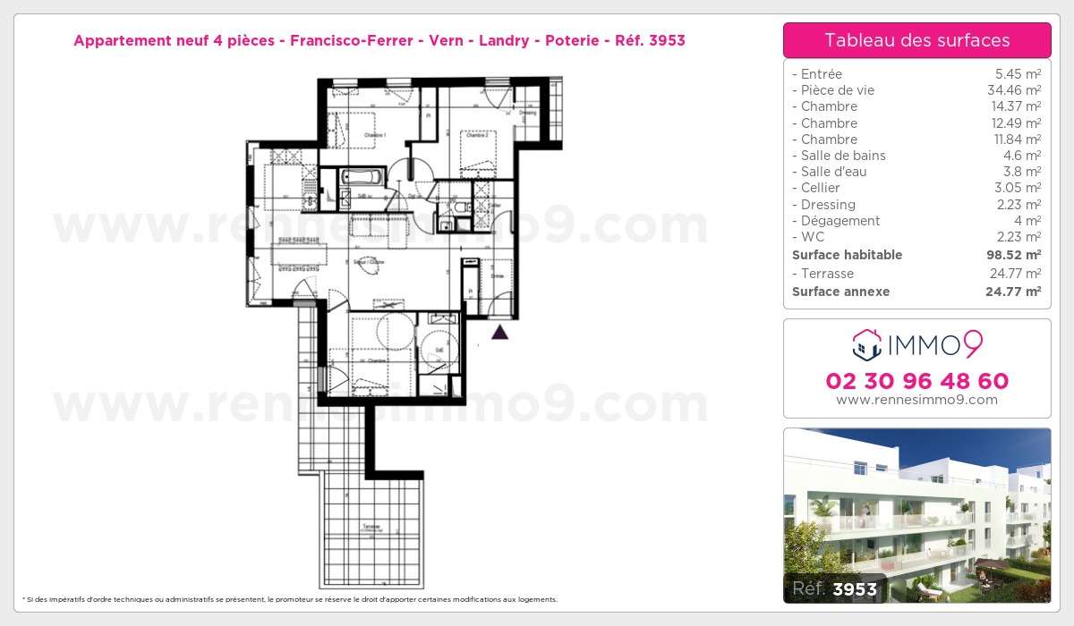Plan et surfaces, Programme neuf Rennes : Francisco-Ferrer - Vern - Landry - Poterie Référence n° 3953