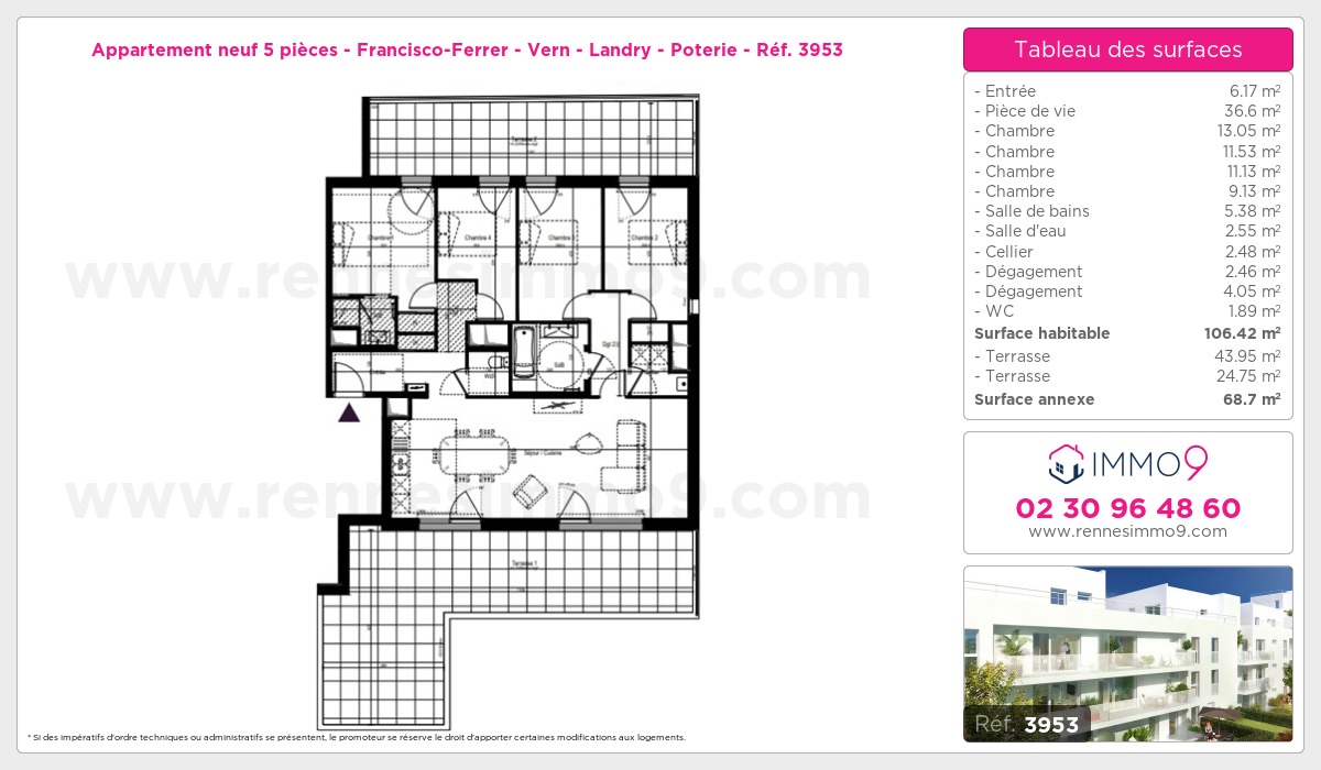 Plan et surfaces, Programme neuf Rennes : Francisco-Ferrer - Vern - Landry - Poterie Référence n° 3953