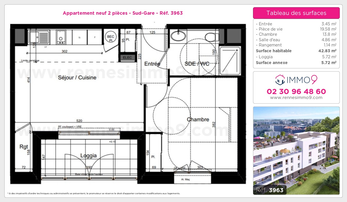 Plan et surfaces, Programme neuf Rennes : Sud-Gare Référence n° 3963