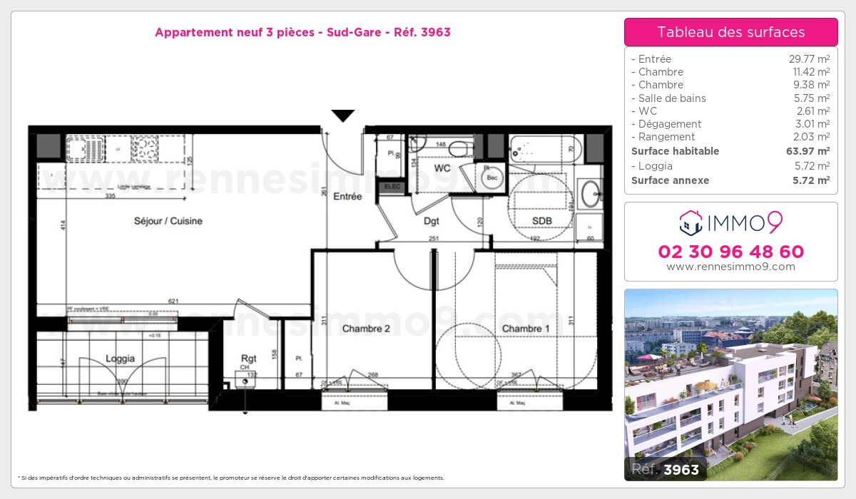 Plan et surfaces, Programme neuf Rennes : Sud-Gare Référence n° 3963