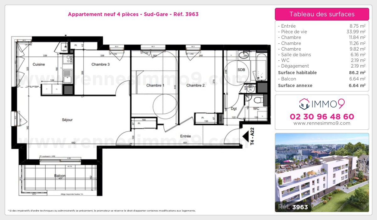 Plan et surfaces, Programme neuf Rennes : Sud-Gare Référence n° 3963