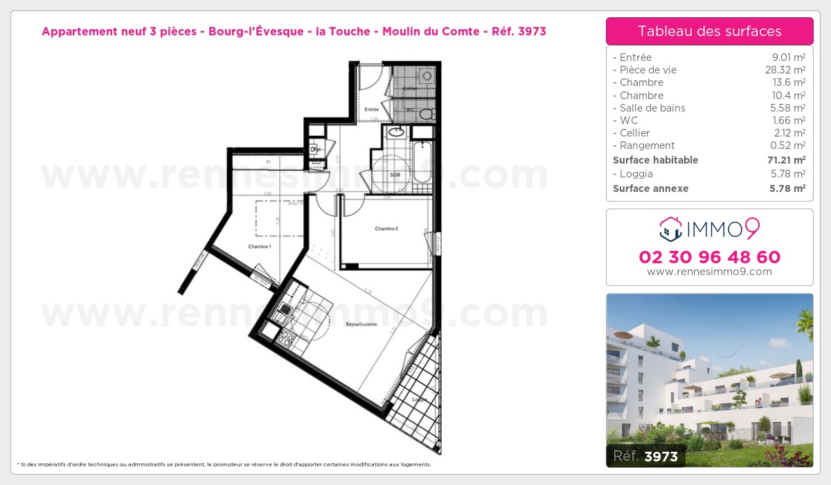 Plan et surfaces, Programme neuf Rennes : Bourg-l'Évesque - la Touche - Moulin du Comte Référence n° 3973
