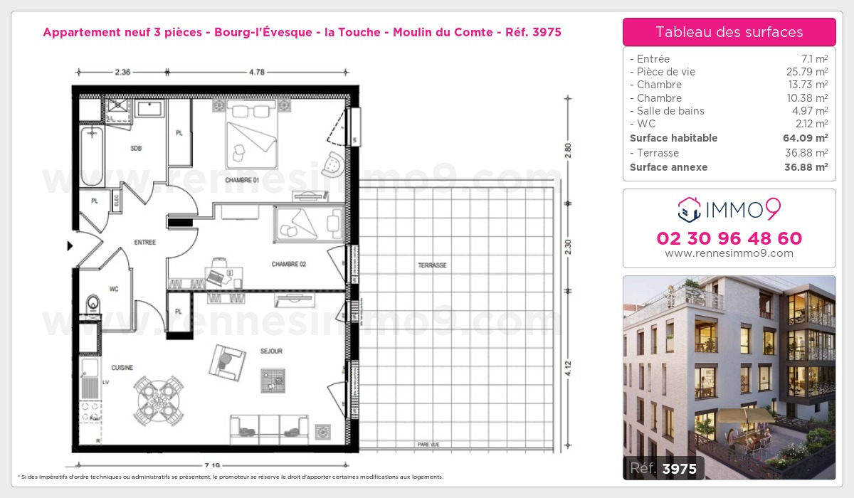 Plan et surfaces, Programme neuf Rennes : Bourg-l'Évesque - la Touche - Moulin du Comte Référence n° 3975