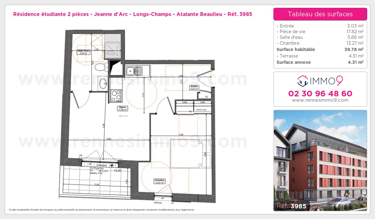 Plan et surfaces, Programme neuf Rennes : Jeanne d'Arc - Longs-Champs - Atalante Beaulieu Référence n° 3985