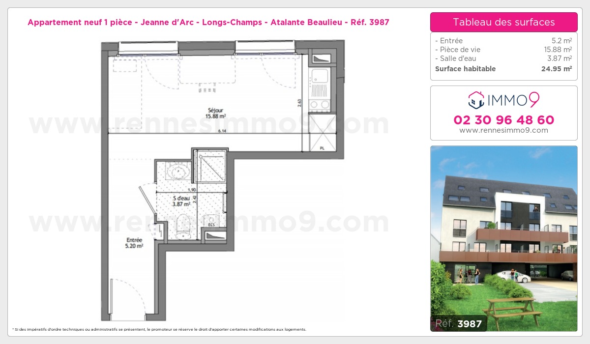 Plan et surfaces, Programme neuf Rennes : Jeanne d'Arc - Longs-Champs - Atalante Beaulieu Référence n° 3987