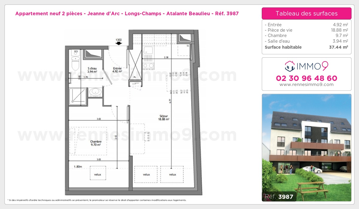 Plan et surfaces, Programme neuf Rennes : Jeanne d'Arc - Longs-Champs - Atalante Beaulieu Référence n° 3987