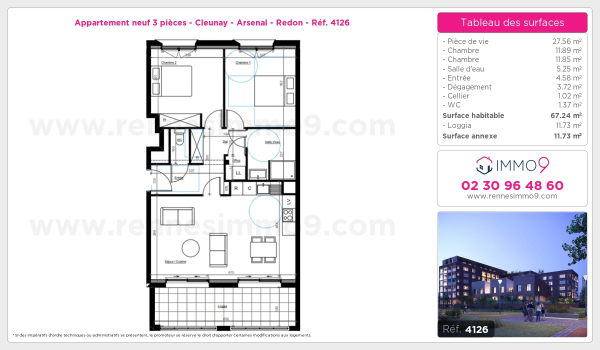 Plan et surfaces, Programme neuf Rennes : Cleunay - Arsenal - Redon Référence n° 4126