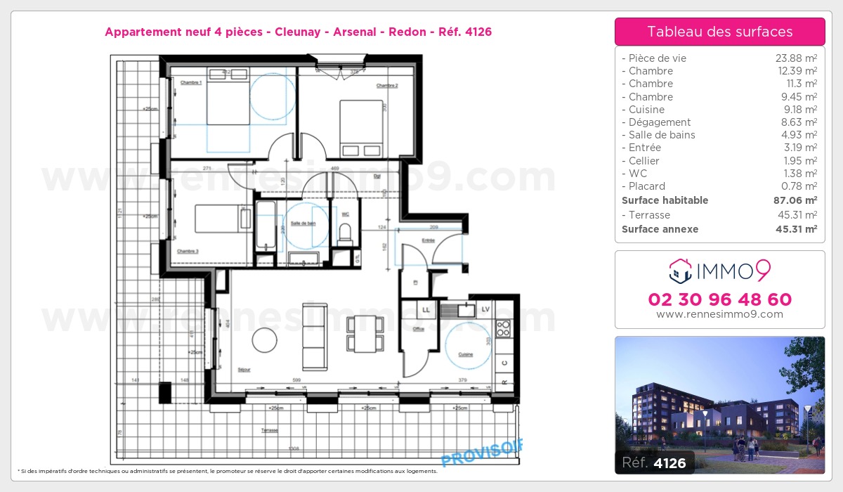 Plan et surfaces, Programme neuf Rennes : Cleunay - Arsenal - Redon Référence n° 4126