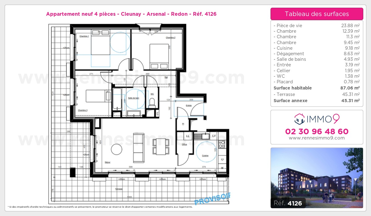 Plan et surfaces, Programme neuf Rennes : Cleunay - Arsenal - Redon Référence n° 4126