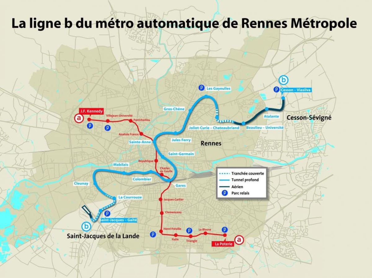 Tracé de la ligne B du métro rennais