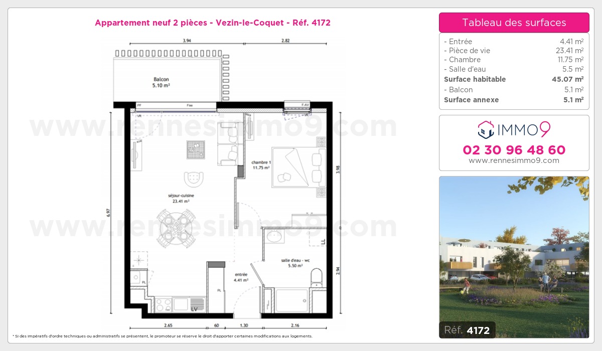 Plan et surfaces, Programme neuf Vezin-le-Coquet Référence n° 4172