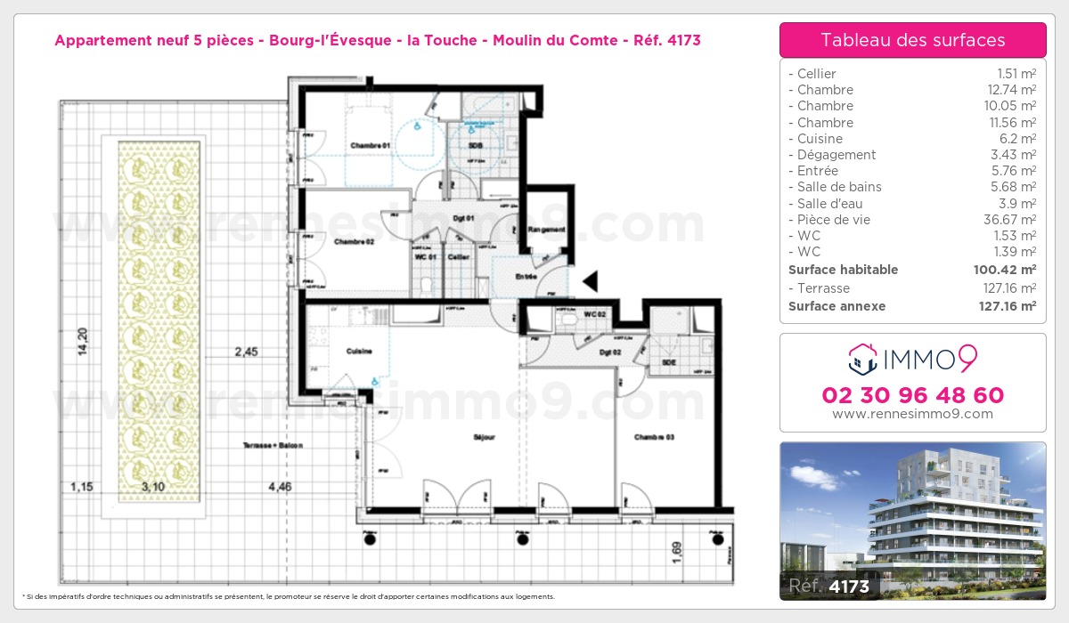 Plan et surfaces, Programme neuf Rennes : Bourg-l'Évesque - la Touche - Moulin du Comte Référence n° 4173