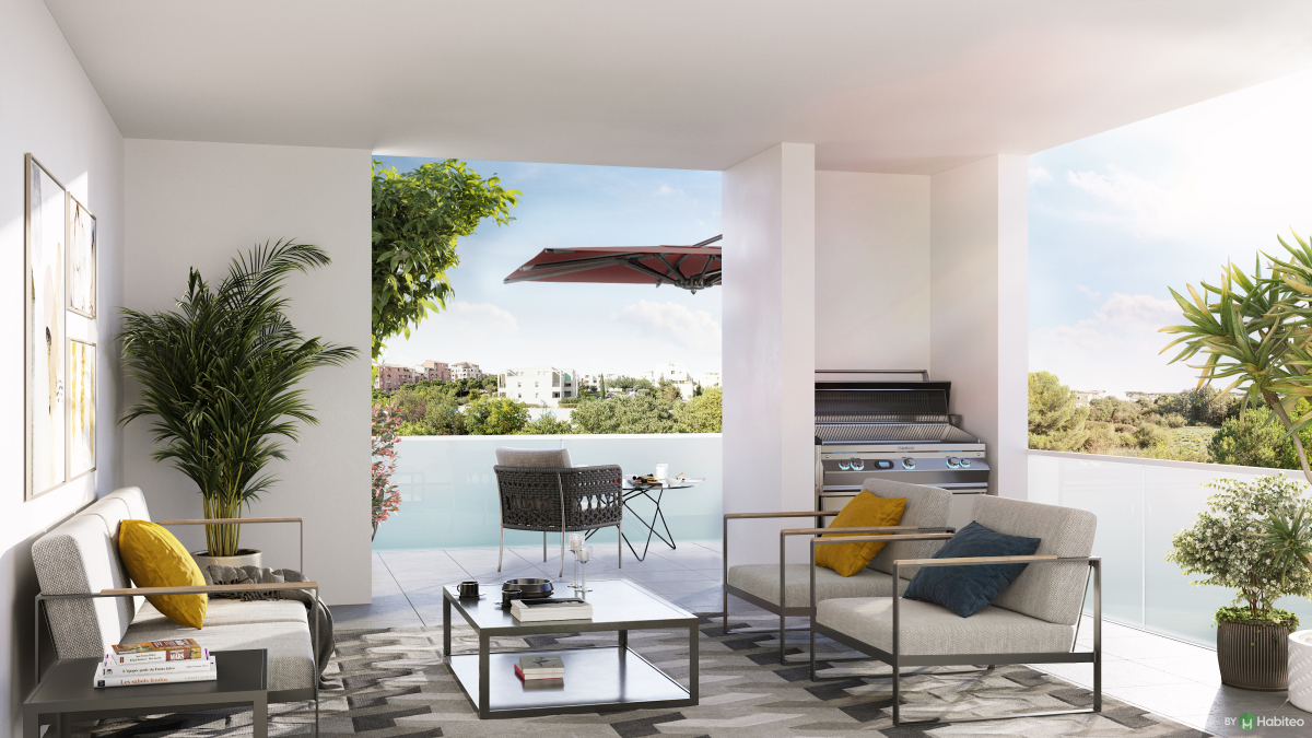 Amenager un balcon — Un grand balcon avec du mobilier d’extérieur