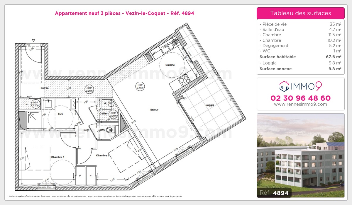 Plan et surfaces, Programme neuf Vezin-le-Coquet Référence n° 4894