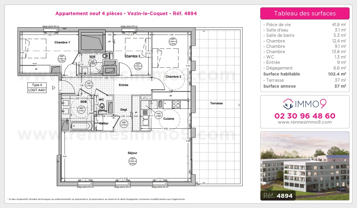 Plan et surfaces, Programme neuf Vezin-le-Coquet Référence n° 4894