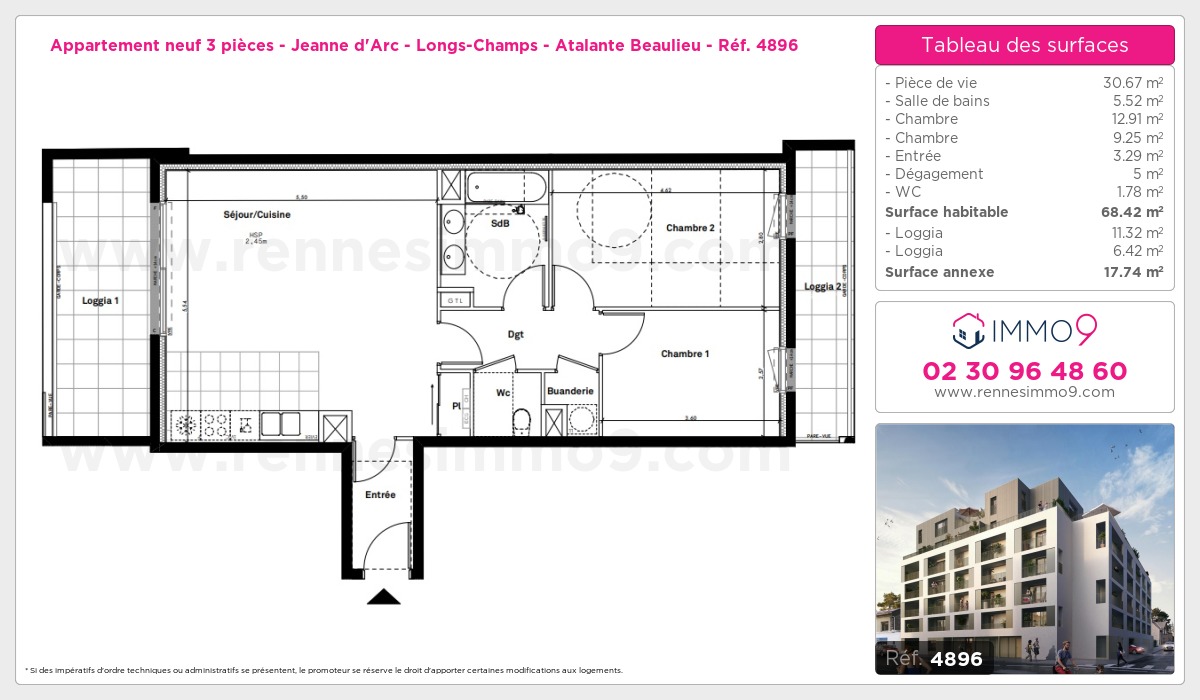 Plan et surfaces, Programme neuf Rennes : Jeanne d'Arc - Longs-Champs - Atalante Beaulieu Référence n° 4896