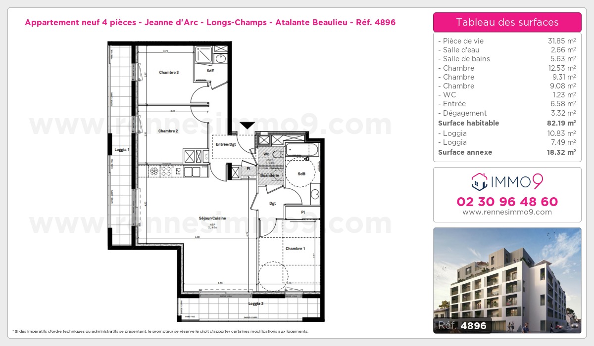 Plan et surfaces, Programme neuf Rennes : Jeanne d'Arc - Longs-Champs - Atalante Beaulieu Référence n° 4896