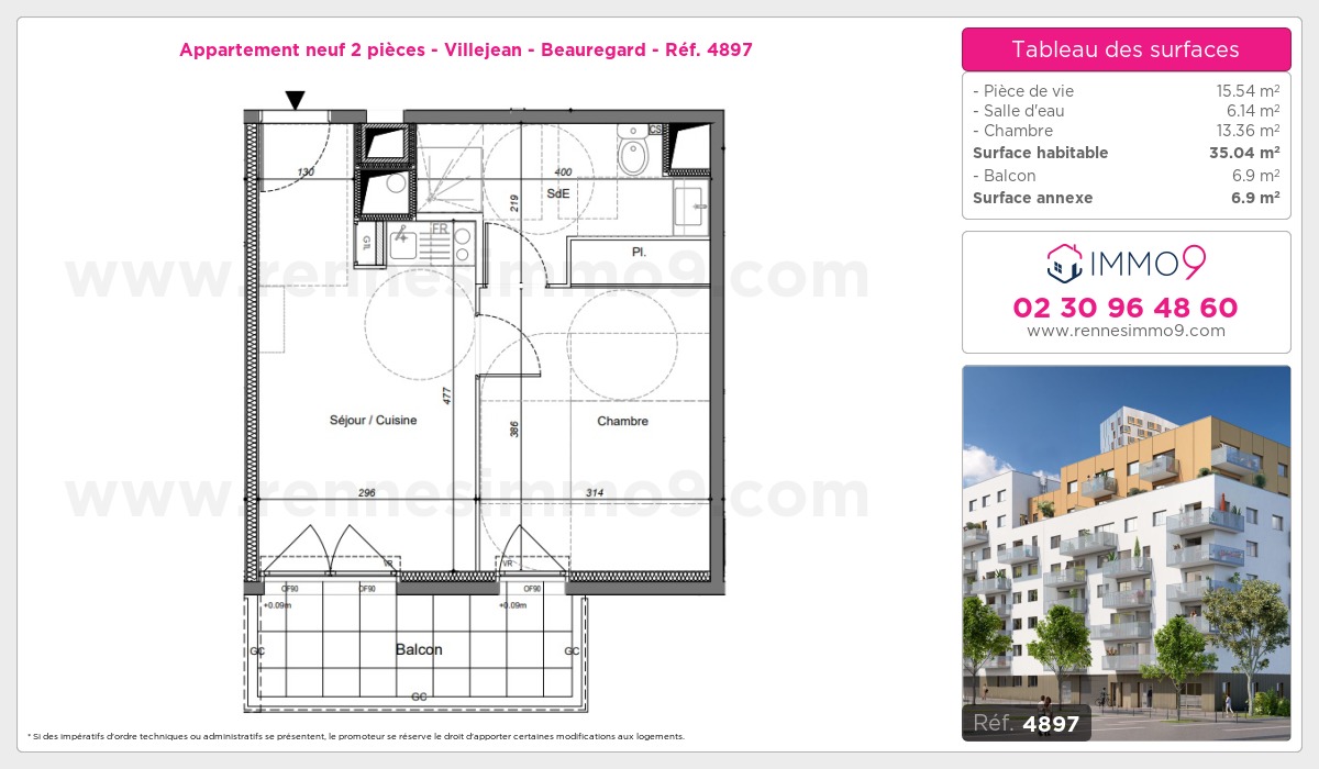 Plan et surfaces, Programme neuf Rennes : Villejean - Beauregard Référence n° 4897