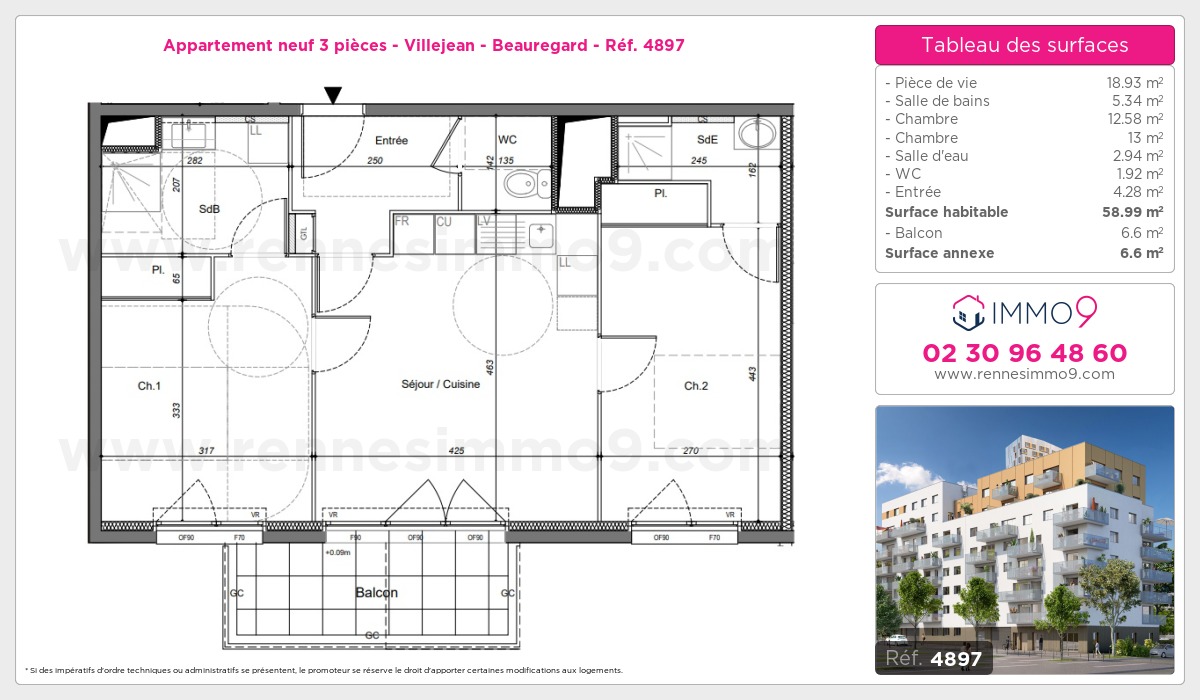 Plan et surfaces, Programme neuf Rennes : Villejean - Beauregard Référence n° 4897