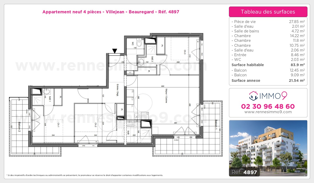 Plan et surfaces, Programme neuf Rennes : Villejean - Beauregard Référence n° 4897