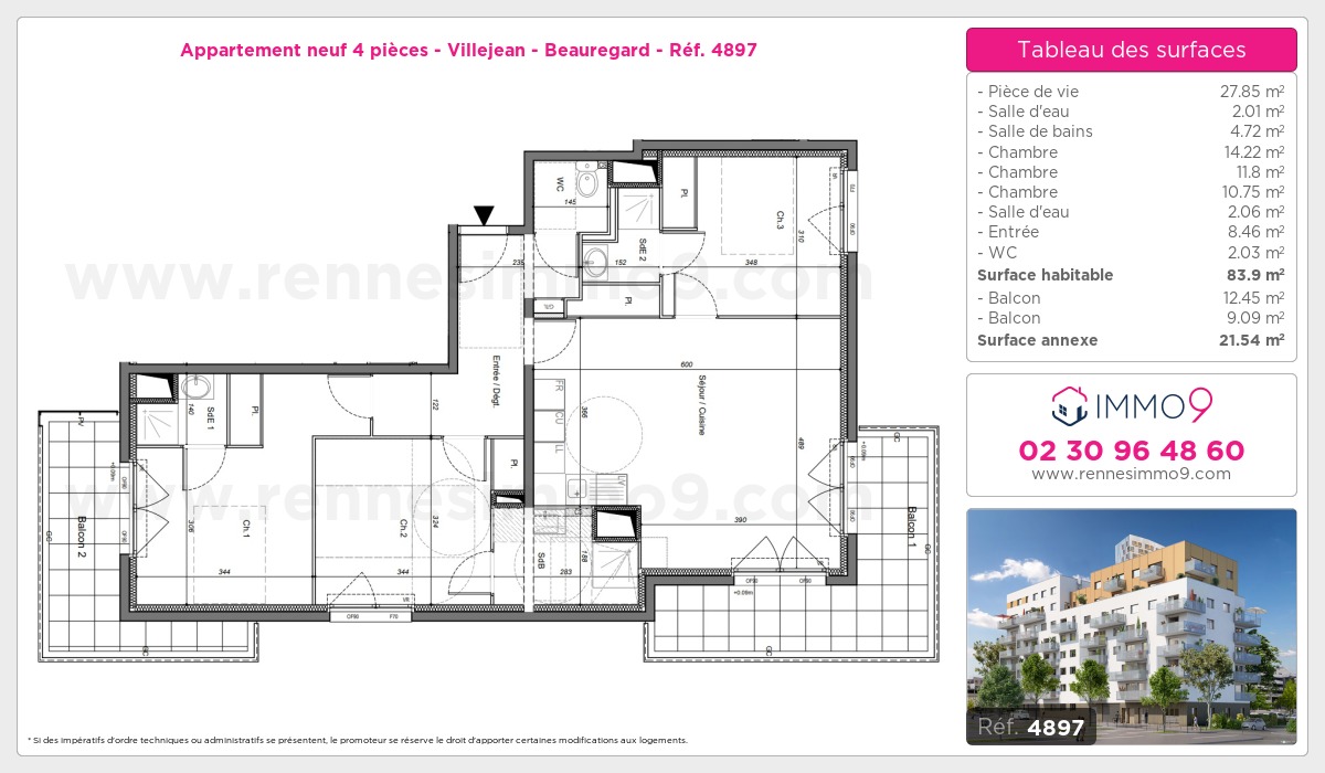 Plan et surfaces, Programme neuf Rennes : Villejean - Beauregard Référence n° 4897