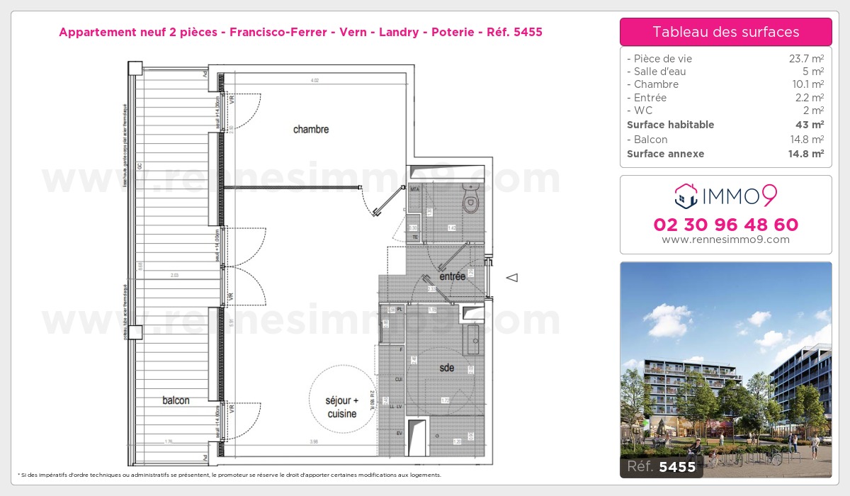 Plan et surfaces, Programme neuf Rennes : Francisco-Ferrer - Vern - Landry - Poterie Référence n° 5455