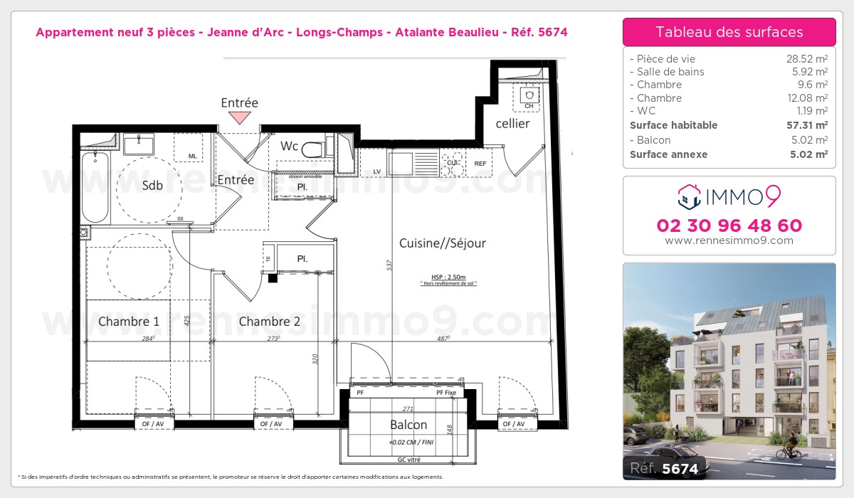 Plan et surfaces, Programme neuf Rennes : Jeanne d'Arc - Longs-Champs - Atalante Beaulieu Référence n° 5674