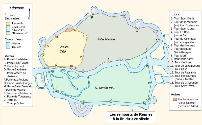 Histoire de l’architecture à Rennes - Plan des remparts de la ville de Rennes au XVème siècle