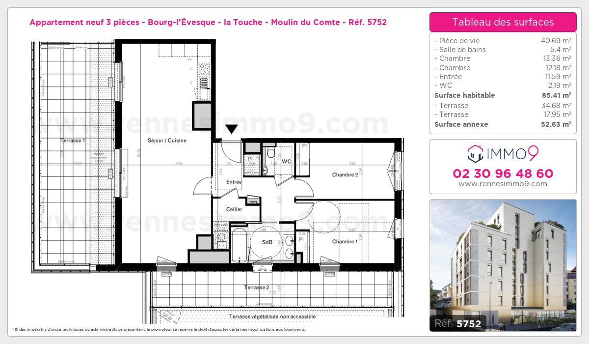 Plan et surfaces, Programme neuf Rennes : Bourg-l'Évesque - la Touche - Moulin du Comte Référence n° 5752