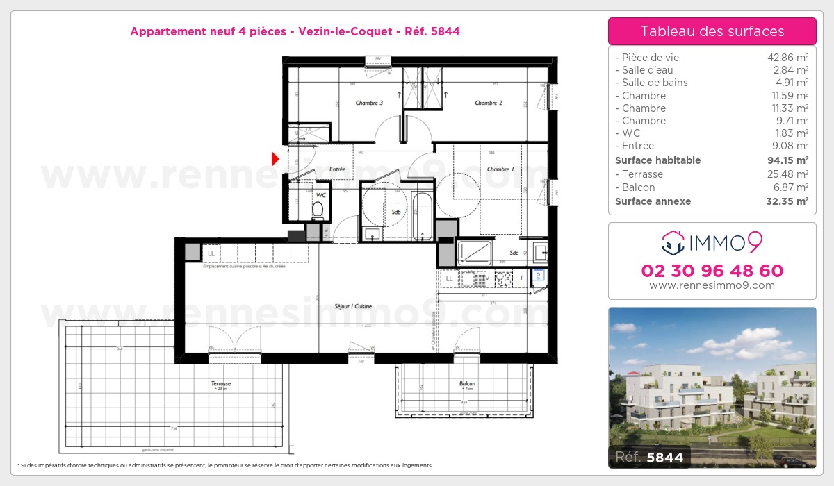 Plan et surfaces, Programme neuf Vezin-le-Coquet Référence n° 5844