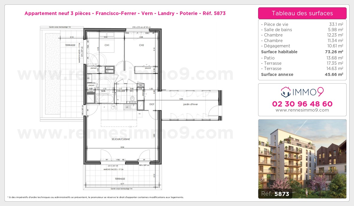 Plan et surfaces, Programme neuf Rennes : Francisco-Ferrer - Vern - Landry - Poterie Référence n° 5873