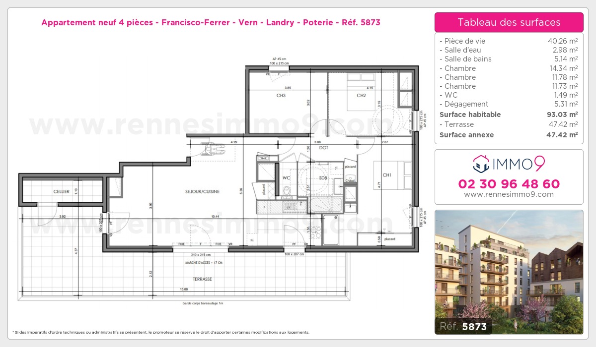 Plan et surfaces, Programme neuf Rennes : Francisco-Ferrer - Vern - Landry - Poterie Référence n° 5873