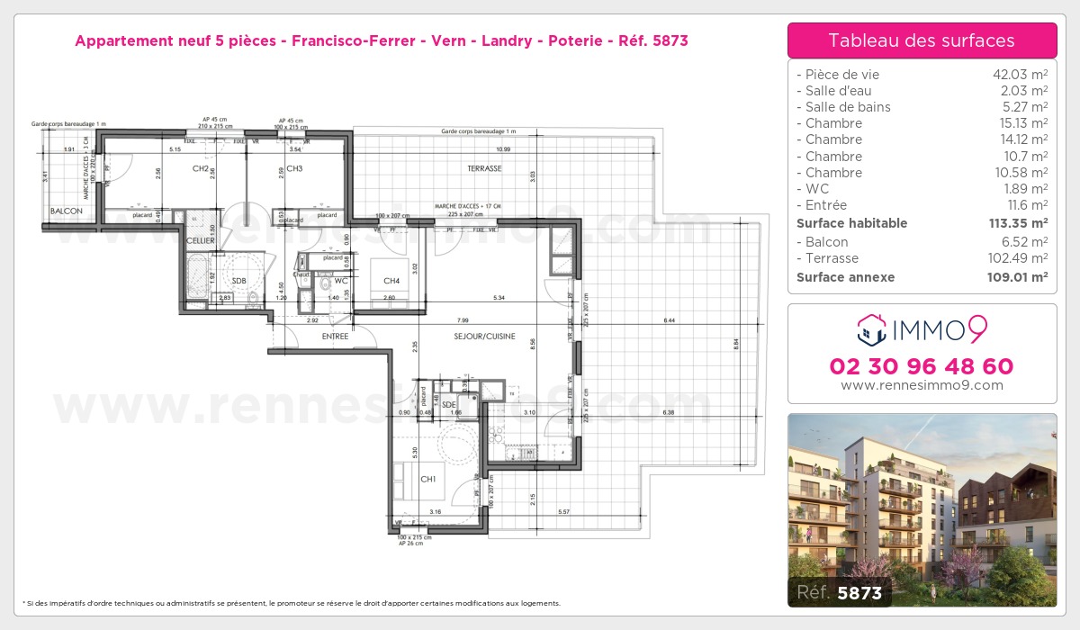 Plan et surfaces, Programme neuf Rennes : Francisco-Ferrer - Vern - Landry - Poterie Référence n° 5873