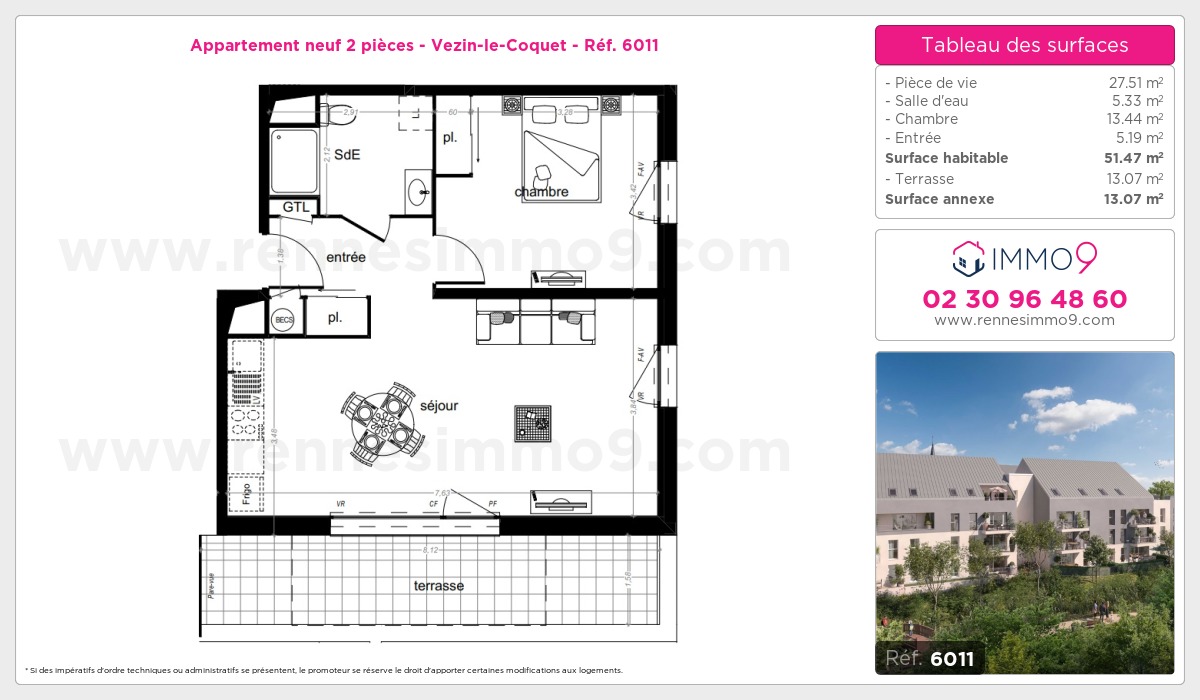 Plan et surfaces, Programme neuf Vezin-le-Coquet Référence n° 6011