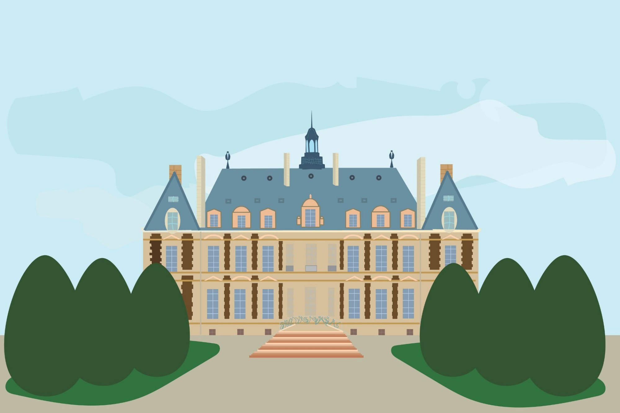 Illustration d'un manoir ancien avec une allée entourée d'arbres