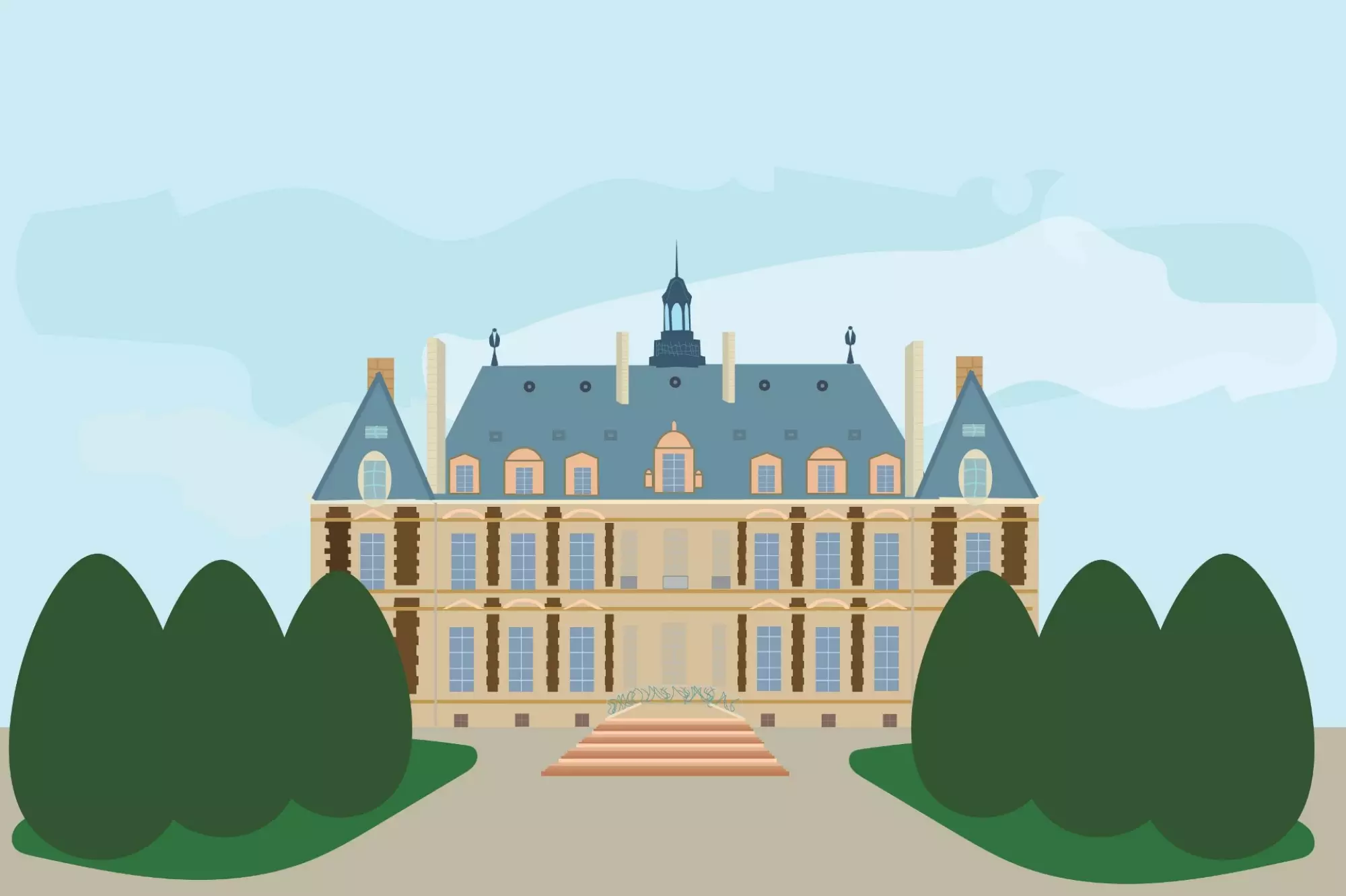 Illustration d'un manoir ancien avec une allée entourée d'arbres