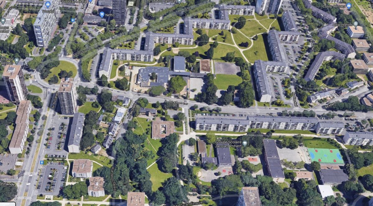 investir à Bréquigny – vue aérienne du quartier Bréquigny Les Chalets et ses espaces verts à Rennes
