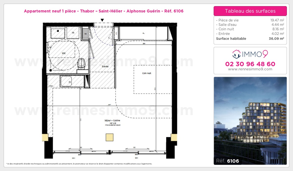 Plan et surfaces, Programme neuf Rennes : Thabor – Saint-Hélier - Alphonse Guérin Référence n° 6106