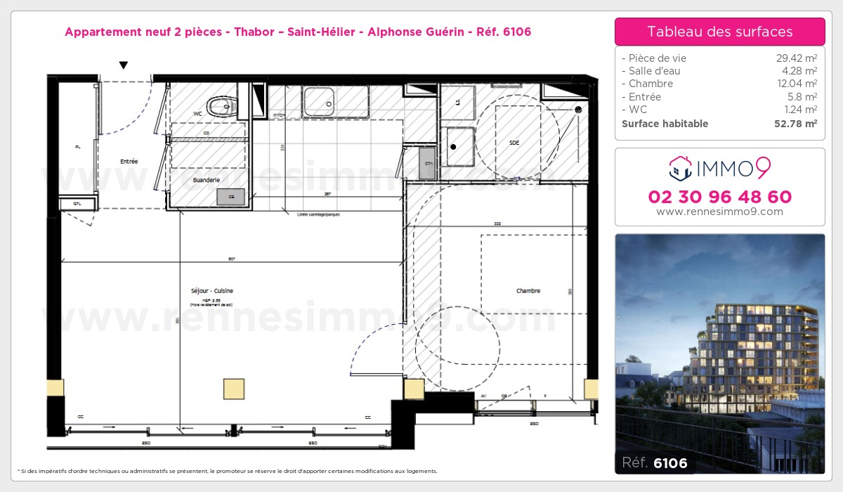 Plan et surfaces, Programme neuf Rennes : Thabor – Saint-Hélier - Alphonse Guérin Référence n° 6106