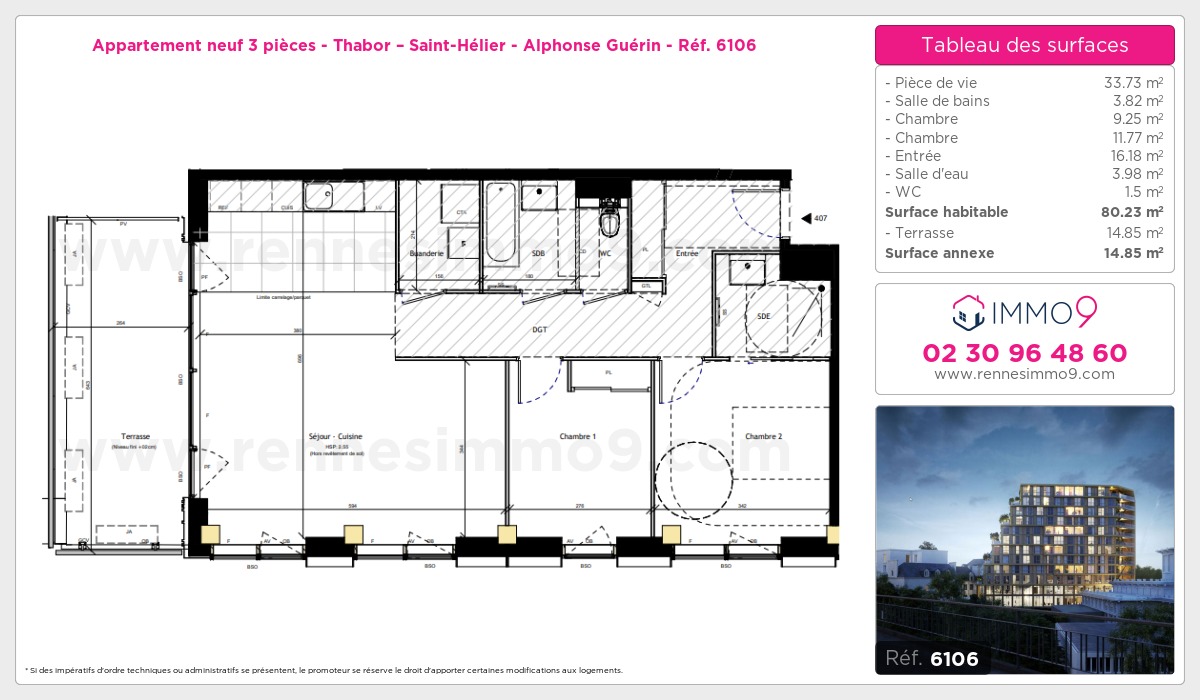 Plan et surfaces, Programme neuf Rennes : Thabor – Saint-Hélier - Alphonse Guérin Référence n° 6106