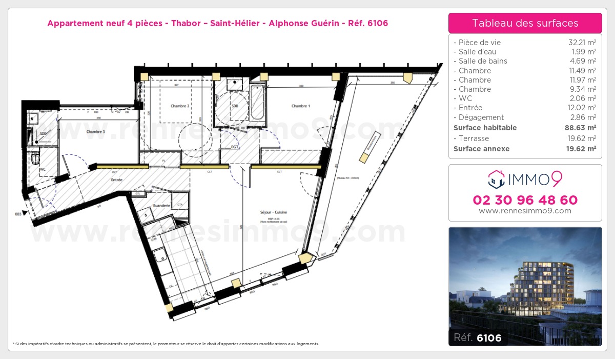 Plan et surfaces, Programme neuf Rennes : Thabor – Saint-Hélier - Alphonse Guérin Référence n° 6106