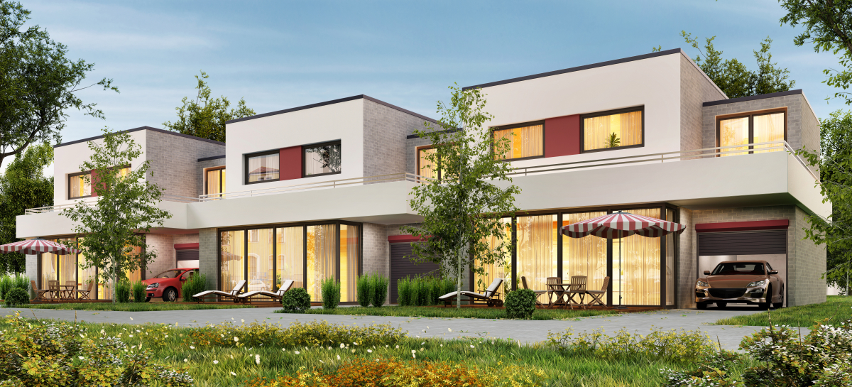 Immobilier neuf Rennes – vue 3D d’un programme immobilier neuf de maisons neuves mitoyennes avec garage et jardin